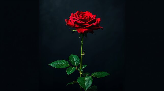 Single red rose with water droplets against a dark background