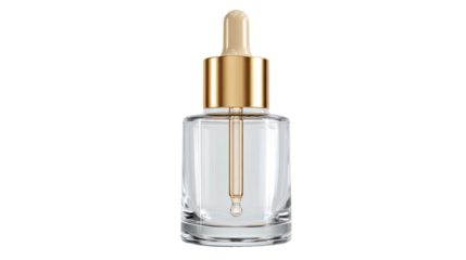 Clear glass dropper bottle with gold cap isolated on transparent background