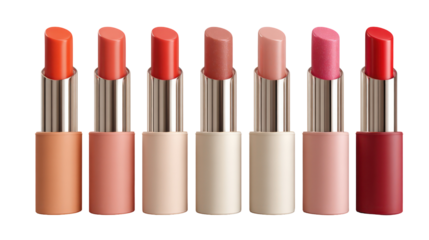 Collection of seven lipsticks in various shades isolated on transparent background
