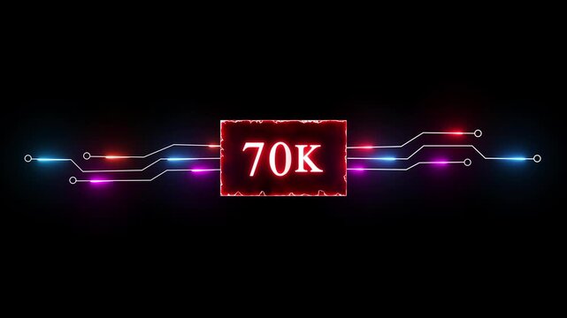 Neon 70K followers and subscriber animation. Promotion social media content, digital marketing, like, share and views.