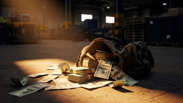 Bag of money spilling on floor. Illegal cash in a dark warehouse. Concept of crime, theft, or illicit wealth.