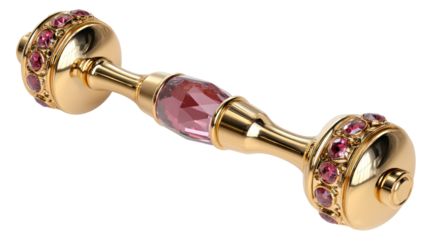 Ornate golden dumbbell with pink and red gemstones isolated on transparent background