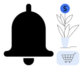 Black notification bell, potted plant with a dollar coin, and shopping cart icon. Ideal for finance, e-commerce, marketing, alerts, investments savings customer engagement. A simple flat metaphor