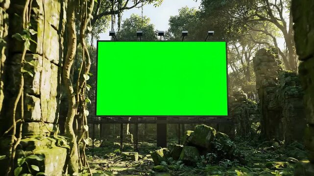 A digital green screen billboard stands amidst ancient overgrown jungle ruins