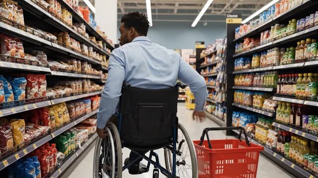 Man in a wheelchair shopping for groceries in a supermarket. Independent living and daily life concept