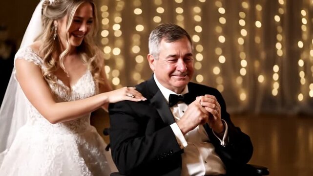 Father in a wheelchair having a joyful dance with his daughter at her wedding. Love and family concept