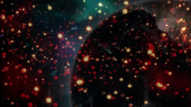 Embers drifting into frame swirling around translucent sphere rotating, revealing glowing filaments