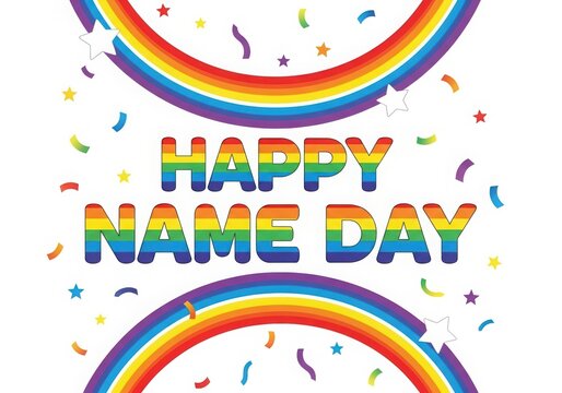 Illustration of happy name day greeting with rainbow and confetti on white background