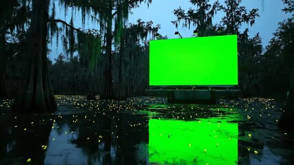 A glowing green billboard stands in a dark swamp at night with reflections in the water and glowing lights