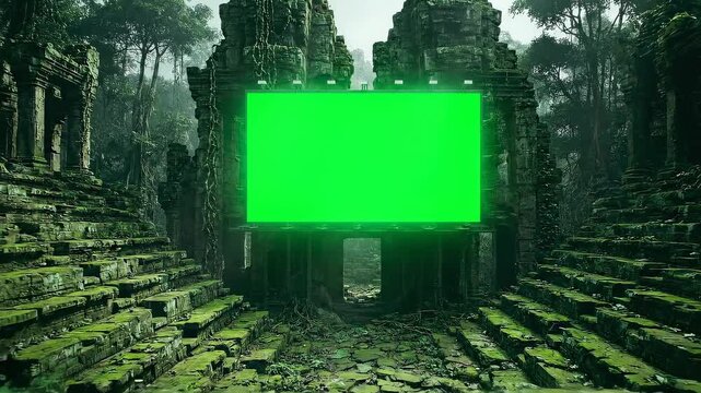 Ancient temple ruins overgrown with jungle foliage feature a vibrant green screen display at its center