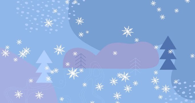 Frame change spawning white flakes drifting across pastel hills and dotted sky for winter snowfall