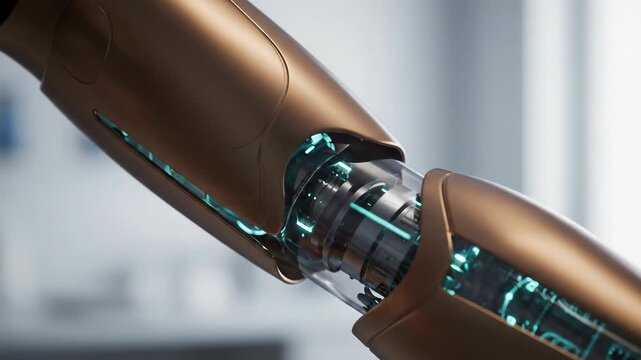 Close up of a futuristic robotic arm with glowing blue circuitry and intricate mechanical joints