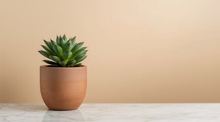 Fototapeta premium Green succulent plant in a terracotta pot on a marble surface