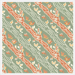 Vibrant floral pattern with orange and white flowers on a green background with wavy lines and a repeating diagonal design.
