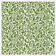 Batik Seamless pattern of intertwined green leaves on white background with natural, organic design and calming mood.