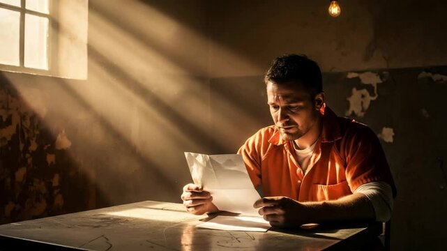 Man in an orange uniform reading a letter in a dimly lit prison cell. Prisoner getting news or information from outside while incarcerated. Law and crime concept.