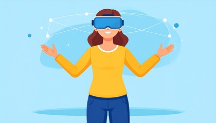 A person wearing virtual reality goggles smiles with open arms against a light blue backdrop, with digital networking elements