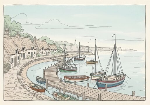 Coastal village harbor with fishing boats and traditional houses