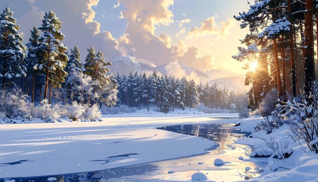 A serene winter scene depicts a snow-covered landscape with a frozen lake reflecting the golden light of the setting sun