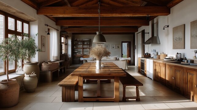 Rustic Interior Design: Captivating view of an open-plan kitchen and dining area, featuring a long wooden table, exposed beams, and a blend of rustic charm with a touch of modern design.