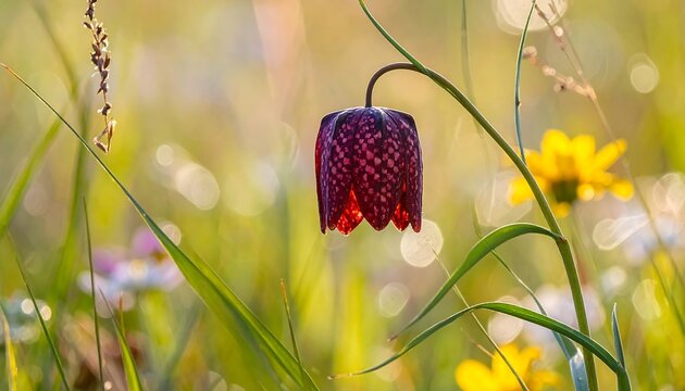 A singular, checkered, purple bloom hangs gracefully amidst blades of grass and wildflowers, bathed in warm sunlight - Powered by Adobe