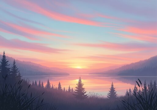 Vibrant sunset over serene lake reflecting colorful sky and distant trees - Powered by Adobe