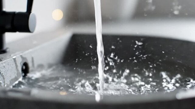 Water flow action modern kitchen high-quality image bright environment close-up view fluid dynamics