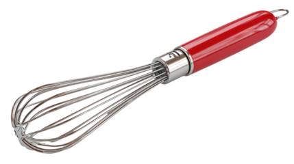 Manual Egg Beater with Stainless Steel Whisks and Red Handle on Transparent Background