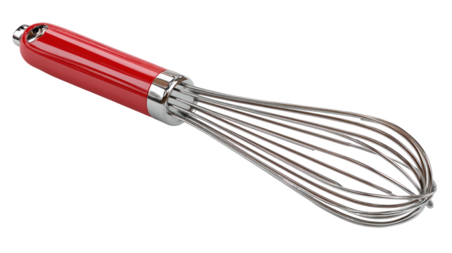 Manual Egg Beater with Stainless Steel Whisks and Red Handle on Transparent Background