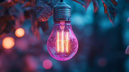 Elegant glowing lightbulb hanging in a dreamy winter garden, perfect for holiday marketing or enchanting seasonal designs and bringing a warm magical aesthetic