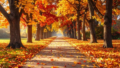 A straight pathway under a canopy of vibrant trees. The leaves on the ground and trees are transitioning through golden and red hues