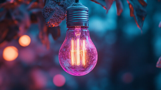 Elegant glowing lightbulb hanging in a dreamy winter garden, perfect for holiday marketing or enchanting seasonal designs and bringing a warm magical aesthetic