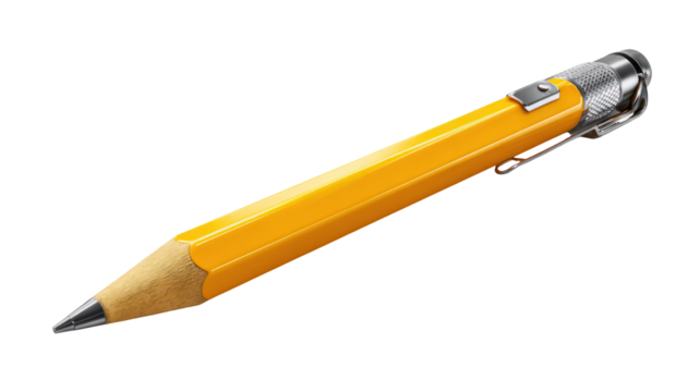 Detailed yellow pencil with silver clip isolated on transparent background