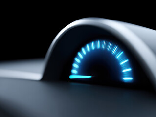 Electric car dashboard displaying energy efficiency data with glowing blue digital speedometer gauge