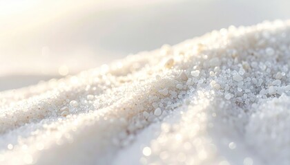 Close up macro view of sparkling white sand grains under soft golden sunlight with gentle bokeh highlights suggesting a serene beach or desert landscape