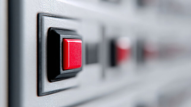 Close up of electric switchboard with red safety indicator button showing alert and control panel