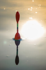 Morning fishing on the river. Fishing float in the lake among water. Angling tackle with a bobber.
