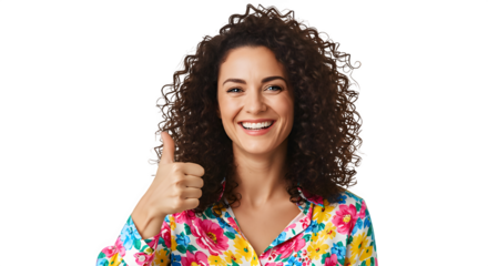 A woman with curly hair shows a thumbs up, indicating satisfaction and a positive attitude