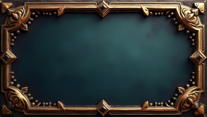 An ornate, vintage gold and bronze frame with intricate carvings surrounding a dark teal center.