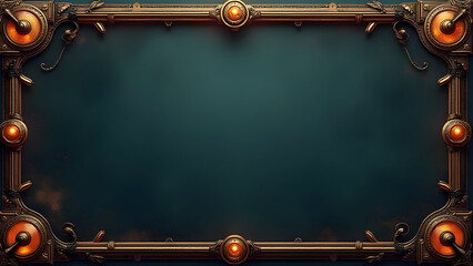 Ornate steampunk-style metallic frame with glowing orange lights on a dark background.