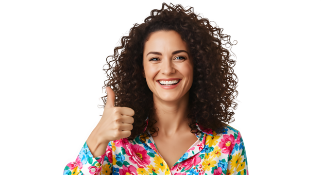 A woman with curly hair shows a thumbs up, indicating satisfaction and a positive attitude
