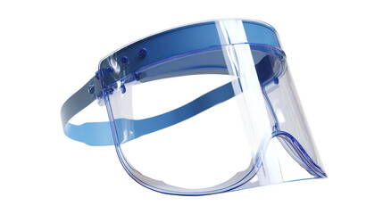 Clear plastic face shield with blue straps isolated on transparent background