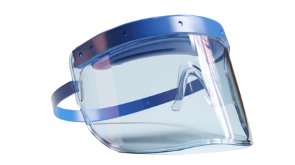 Clear plastic face shield with blue elastic strap isolated on transparent background