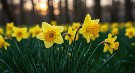 Bright yellow daffodils stand tall in a sunny meadow, signaling the arrival of spring. Vibrant blooms offer a cheerful splash of color and natural beauty, flower, botany, bloom
