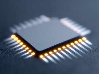 Microprocessor chip with glowing orange connections on dark surface close up macro view technology concept