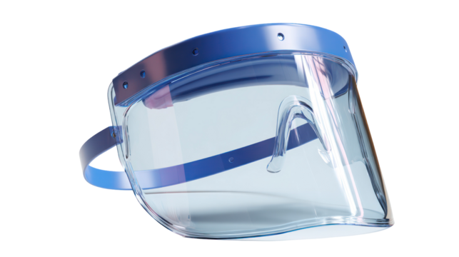 Clear plastic face shield with blue elastic strap isolated on transparent background