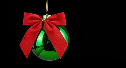 Isolated shiny green glass Christmas bauble adorned with a beautiful red textile bow, symbolizing celebration and winter holidays ,Christmas ,decoration ,green