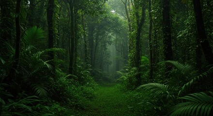 Fototapeta premium Lush, vibrant green, deep tropical rainforest environment background. Focus on dense foliage, humid air, and exotic flora ,leaves ,sunlight ,branches