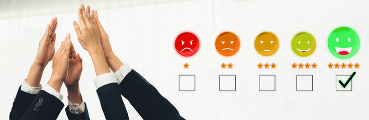 Diverse hands raised in support symbolize positive feedback and satisfaction in a business setting,...