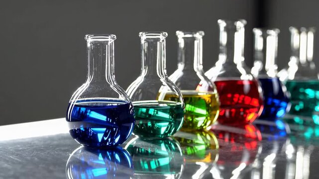 Colorful laboratory flasks with blue, green, yellow, and red liquid reflective table, scientific glassware bright light, creative atmosphere